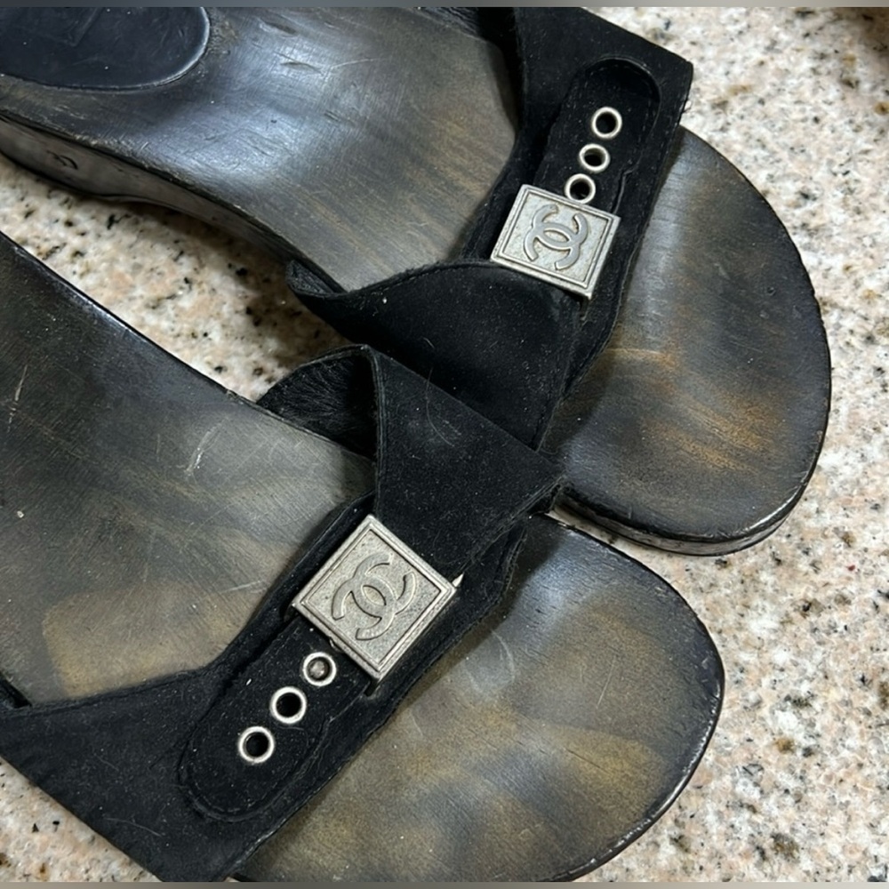 Chanel Sandals. Authentic. Sz 7. 2000’s. Black with silver buckle.make an offer!